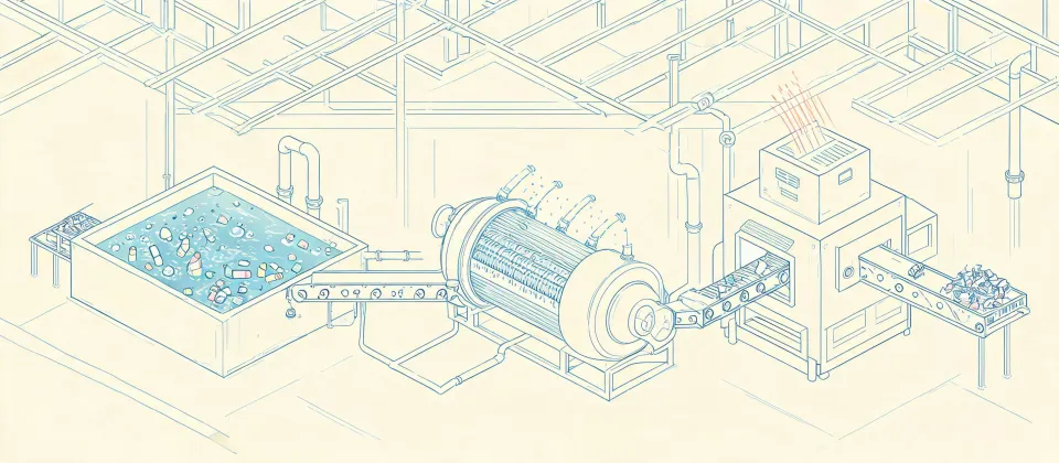 Illustration of a plastic recycling wash hall used as a discussion sketch, not a mapped storefront