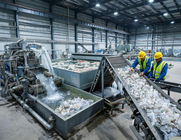 Operators inspecting washed plastic flake on a recycling washing line with friction washers and a dewatering screen